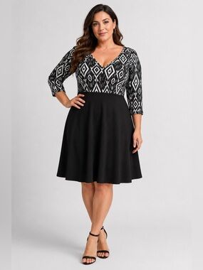 Lucie Lu Geometric Fit & Flare Dress | Black White | Plus Size 2X